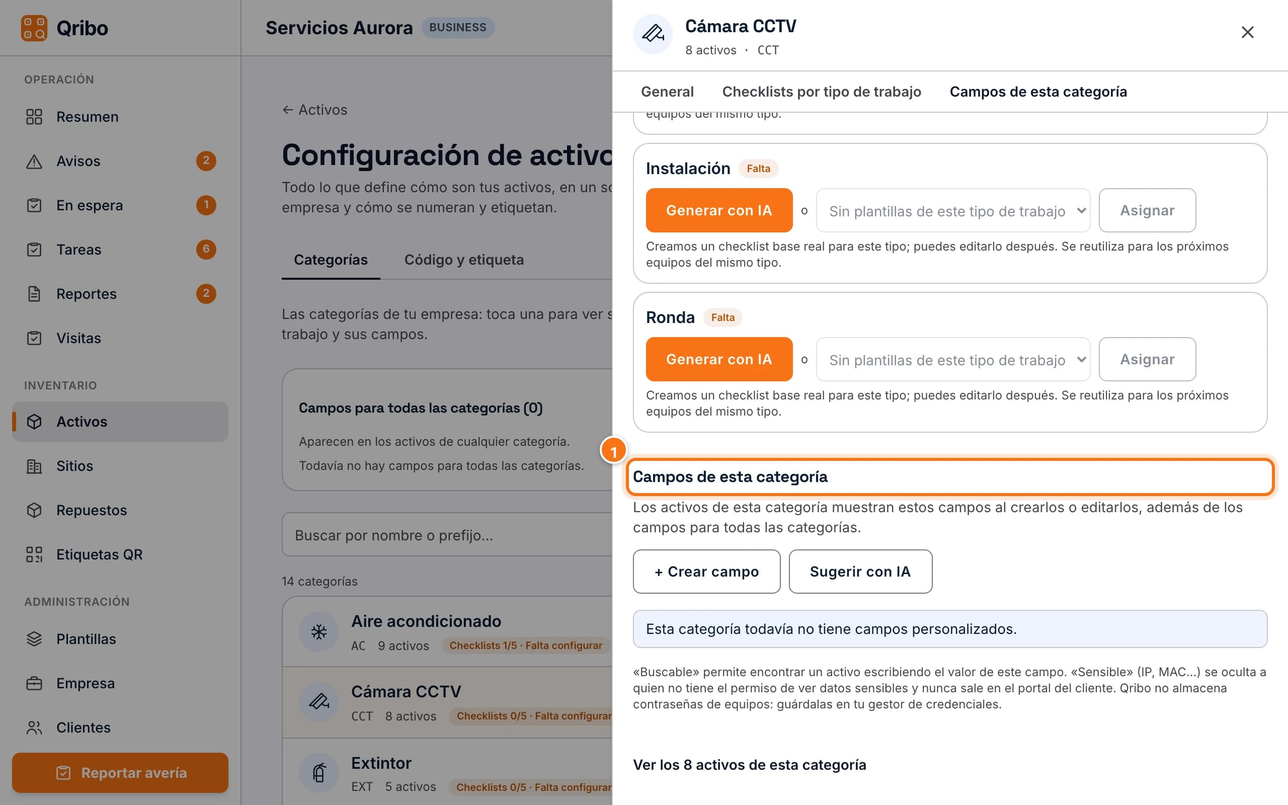 Ficha de una categoría en la sección Campos de esta categoría.