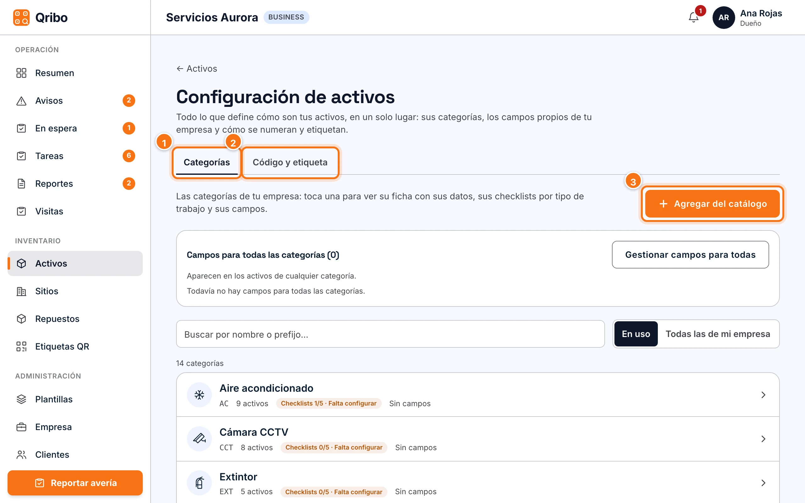 Configuración de activos: pestañas Categorías y Código y etiqueta, y Agregar del catálogo.
