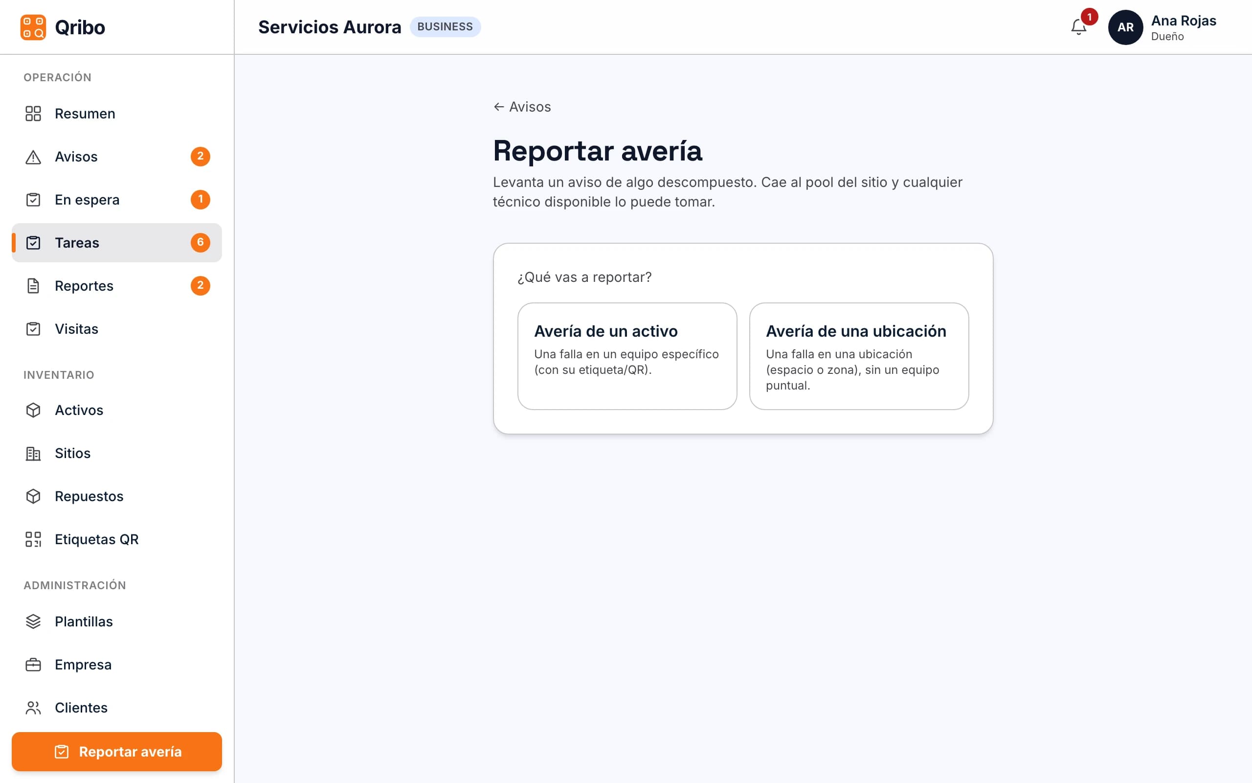 Reportar avería desde la web: elegir activo o ubicación.