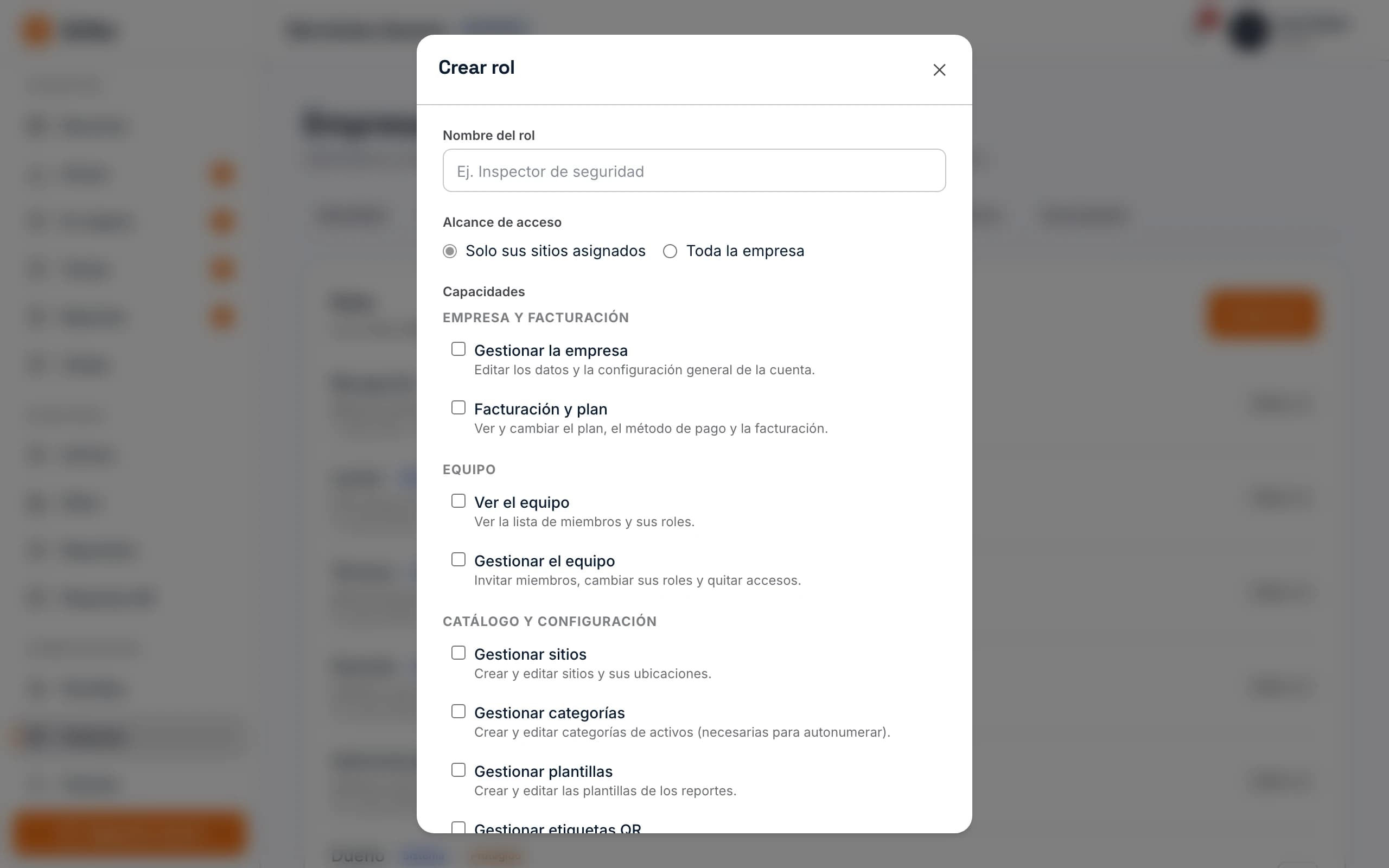 Editor de un rol con sus capacidades por área.