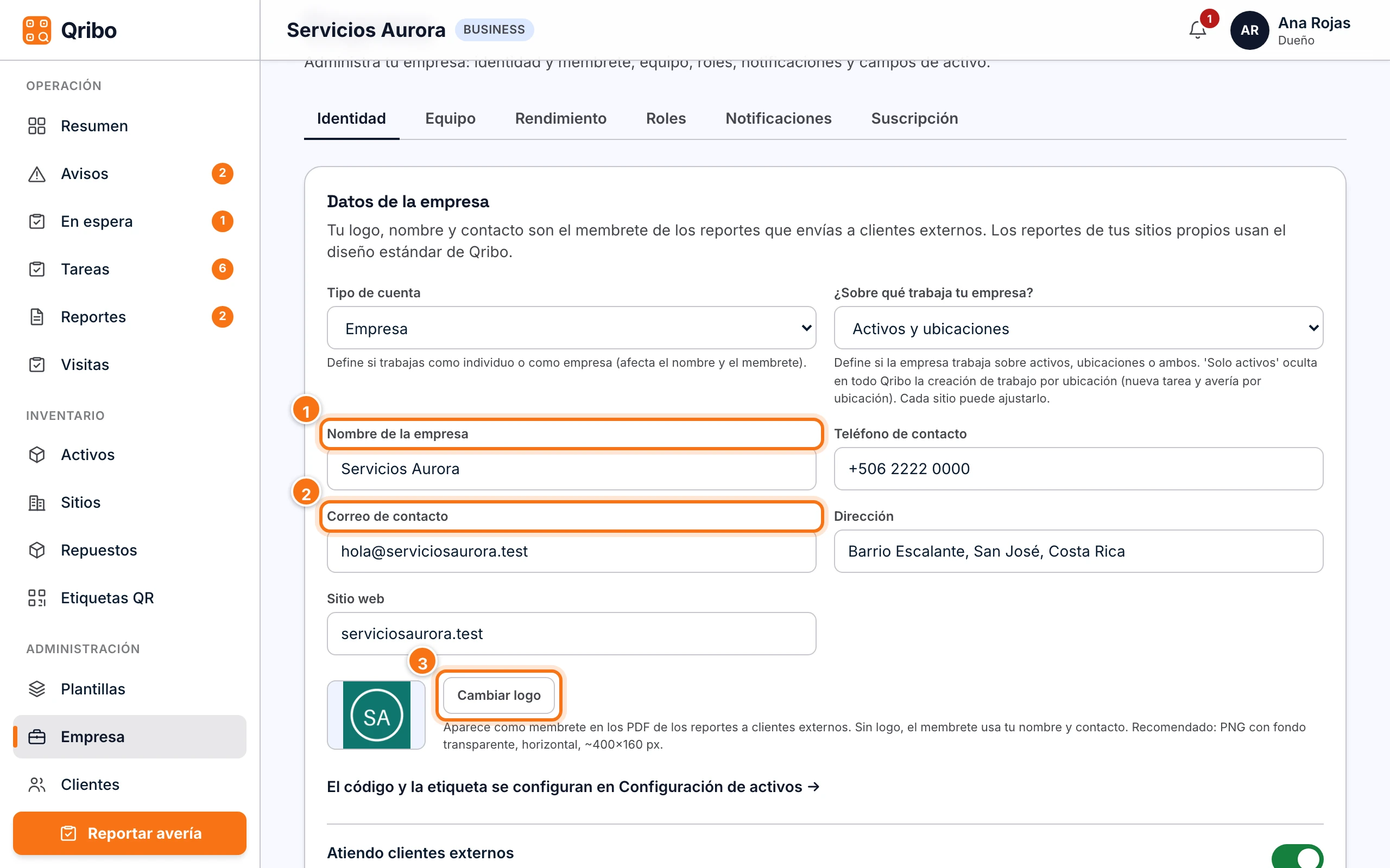 Datos de contacto de la empresa y logo del membrete, al final de la pestaña Identidad.