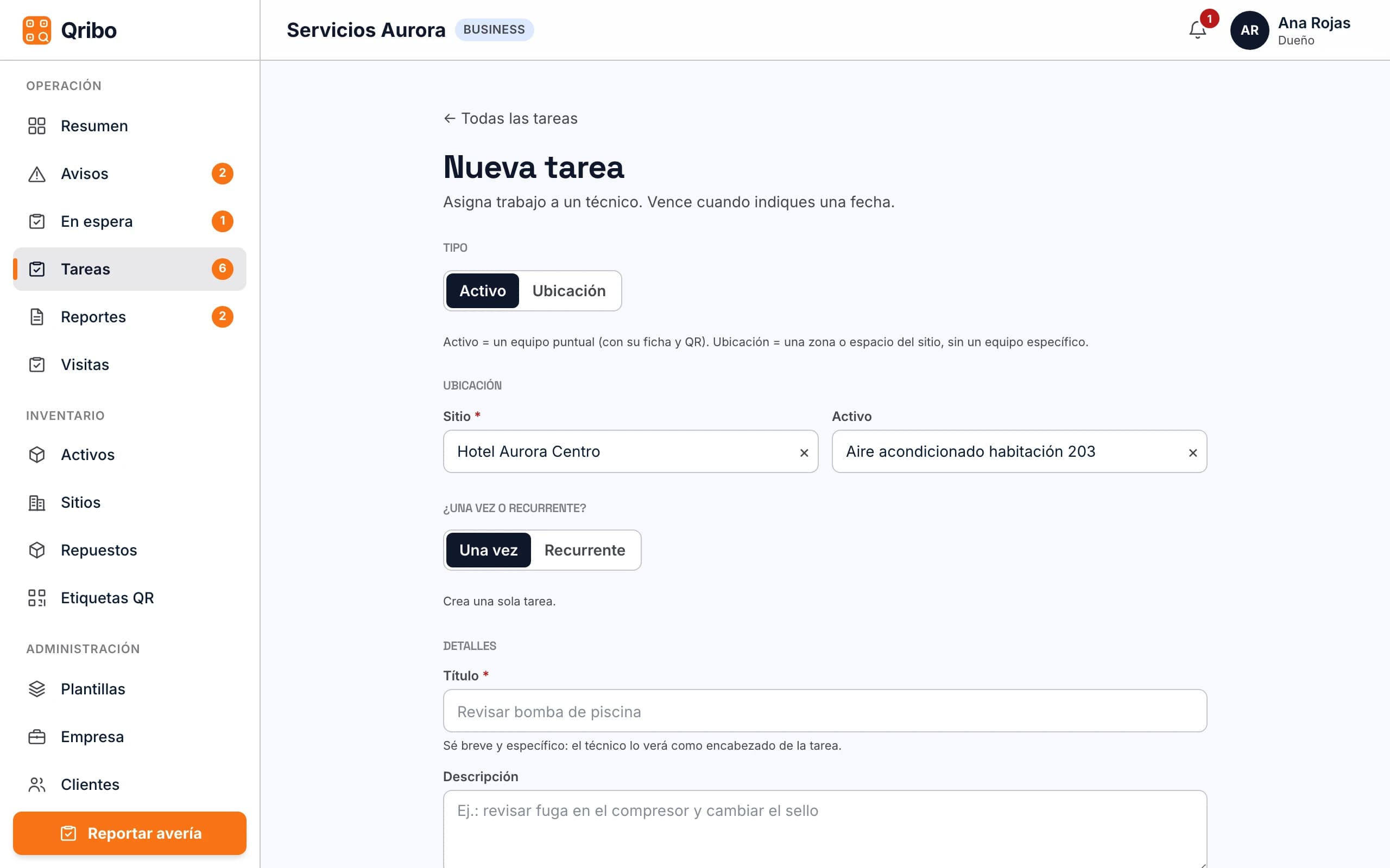 Nueva tarea para un activo, con el tipo de trabajo y la plantilla.