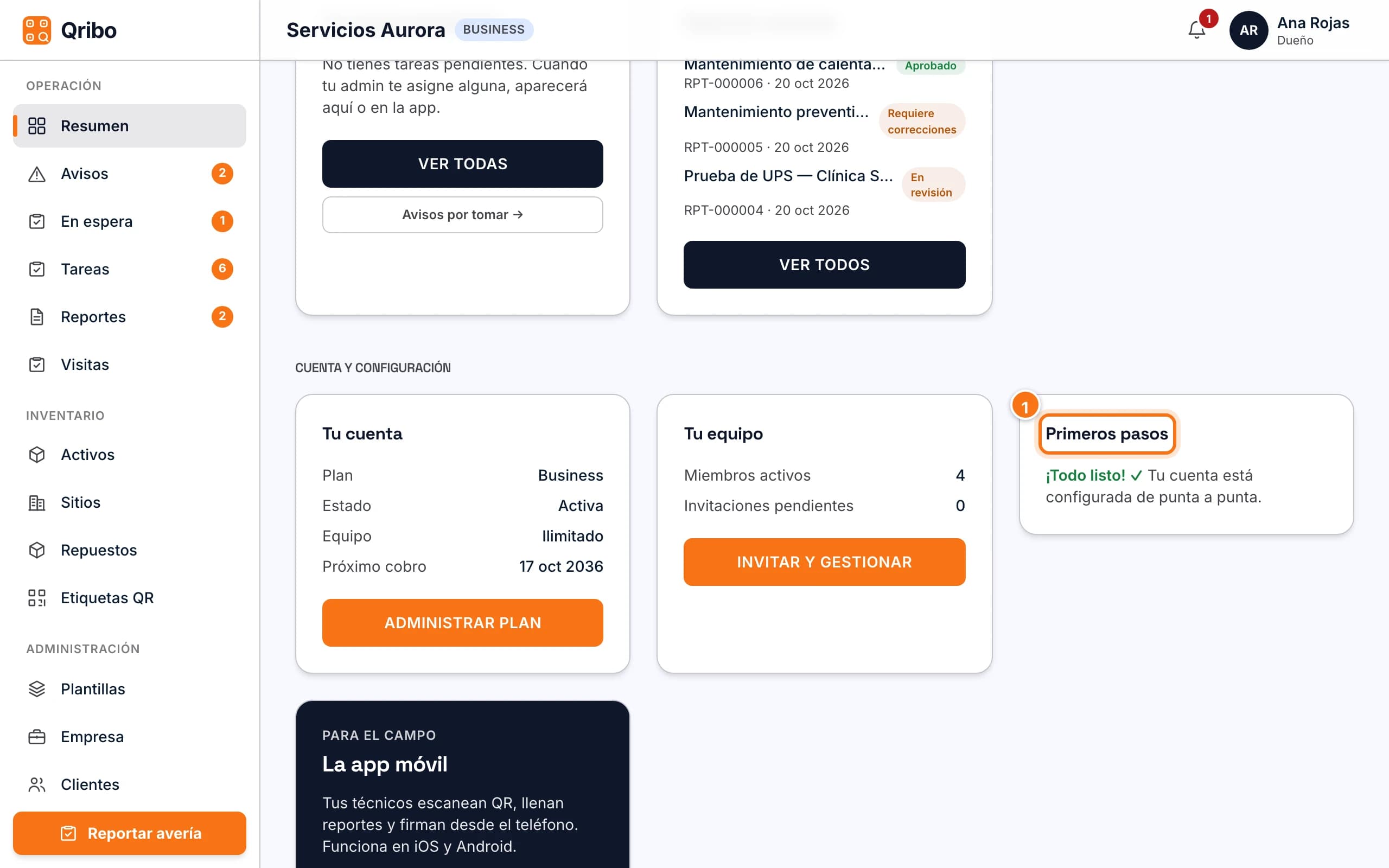 Resumen del dueño con la lista Primeros pasos y la tarjeta de la app móvil.