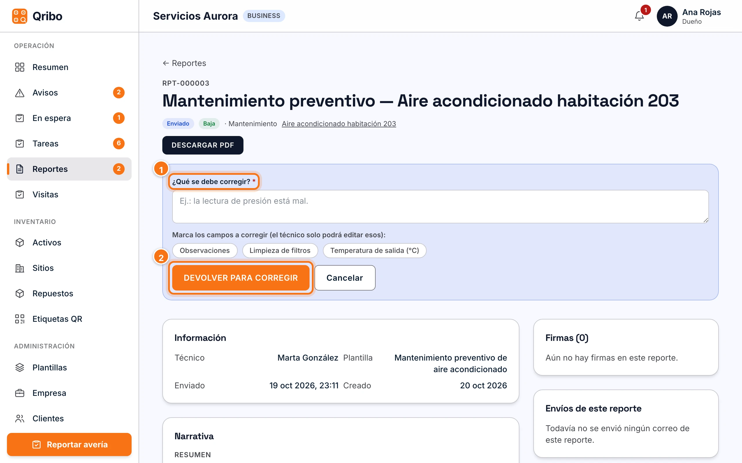 Panel Pedir correcciones: motivo, campos a corregir y Devolver para corregir.