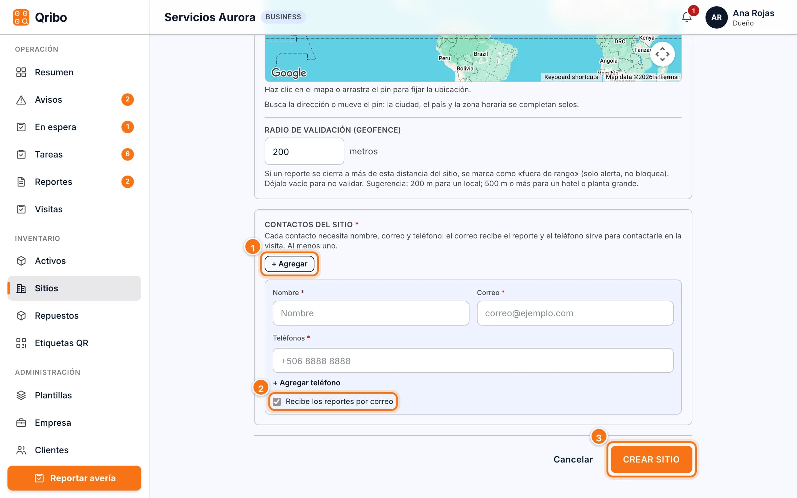 Contactos del sitio en el formulario Nuevo sitio, con la casilla Recibe los reportes por correo y el botón Crear sitio.