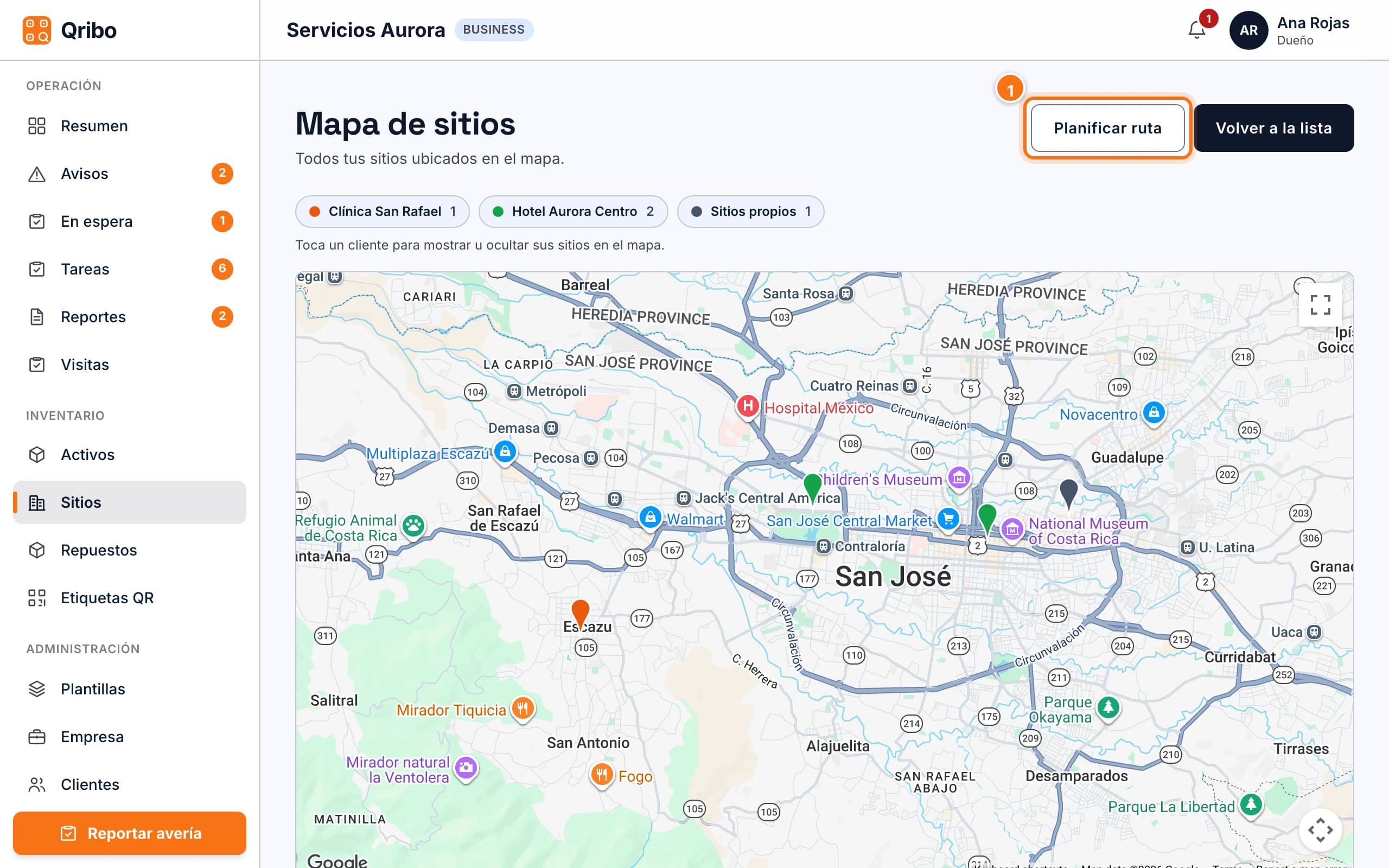 Mapa de sitios con el botón Planificar ruta.