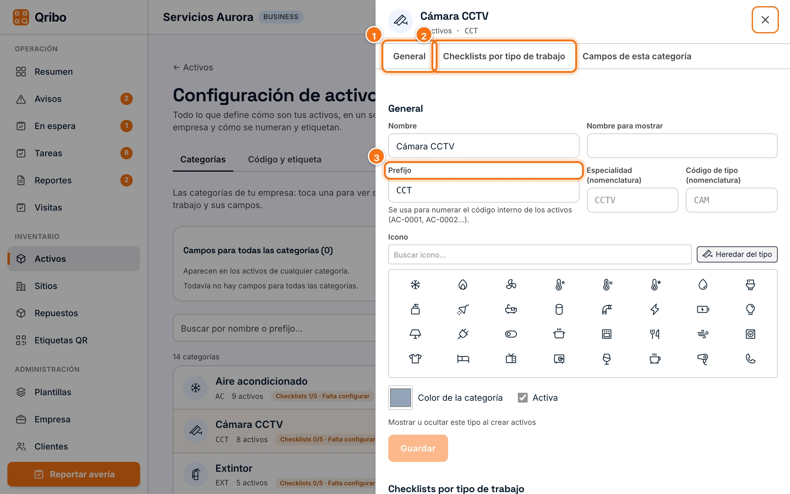 Ficha de la categoría Cámara CCTV: secciones General, Checklists y Campos.