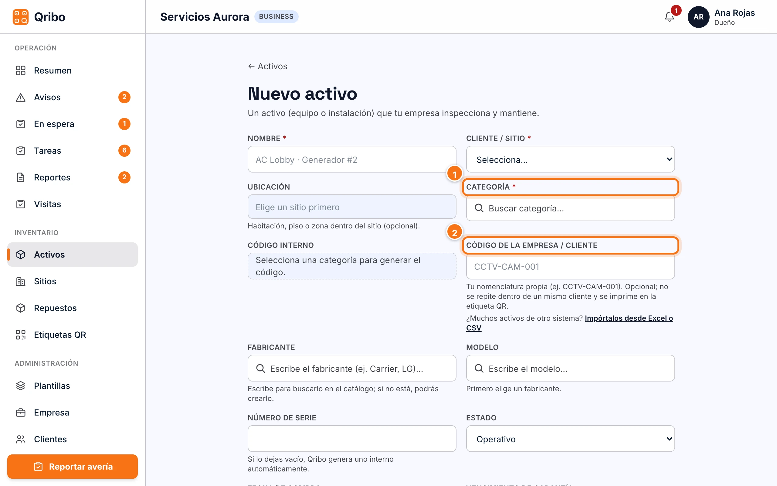 Formulario Nuevo activo.