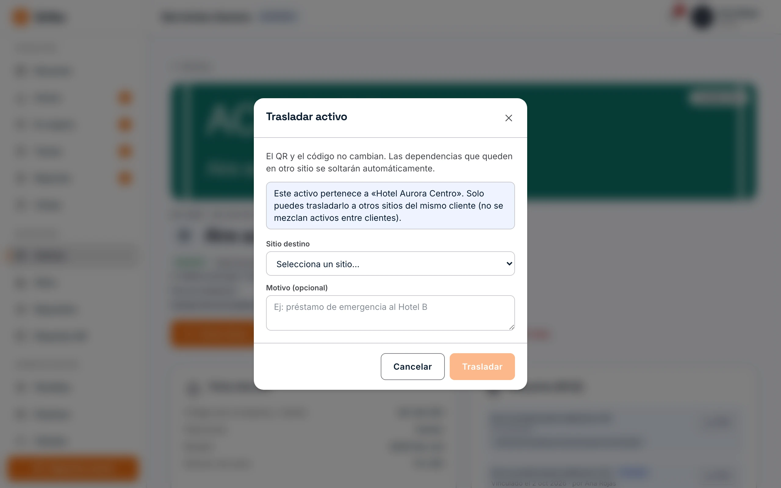 Ventana Trasladar activo a otro sitio del mismo cliente.