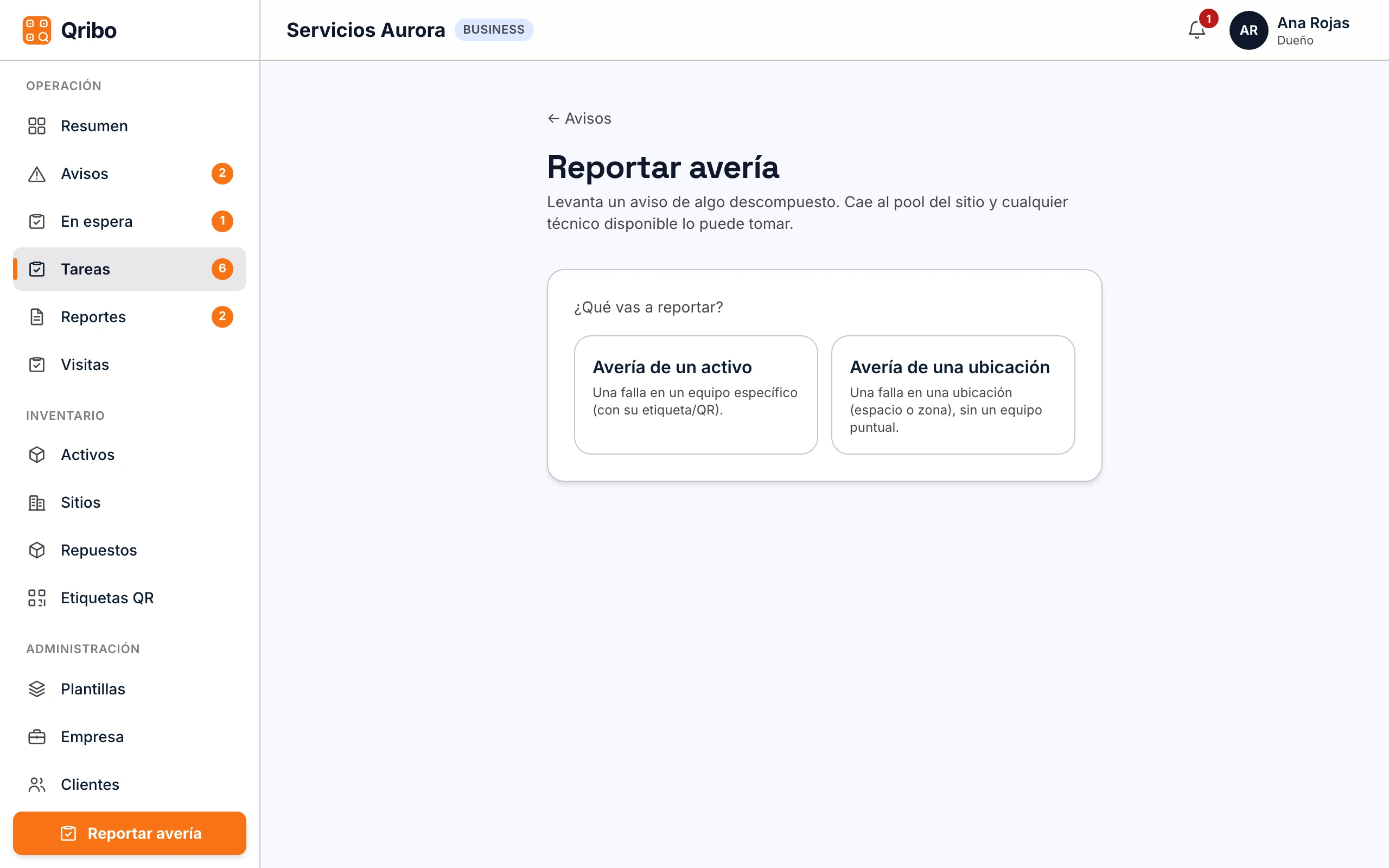 Reportar avería desde la web: elegir activo o ubicación.