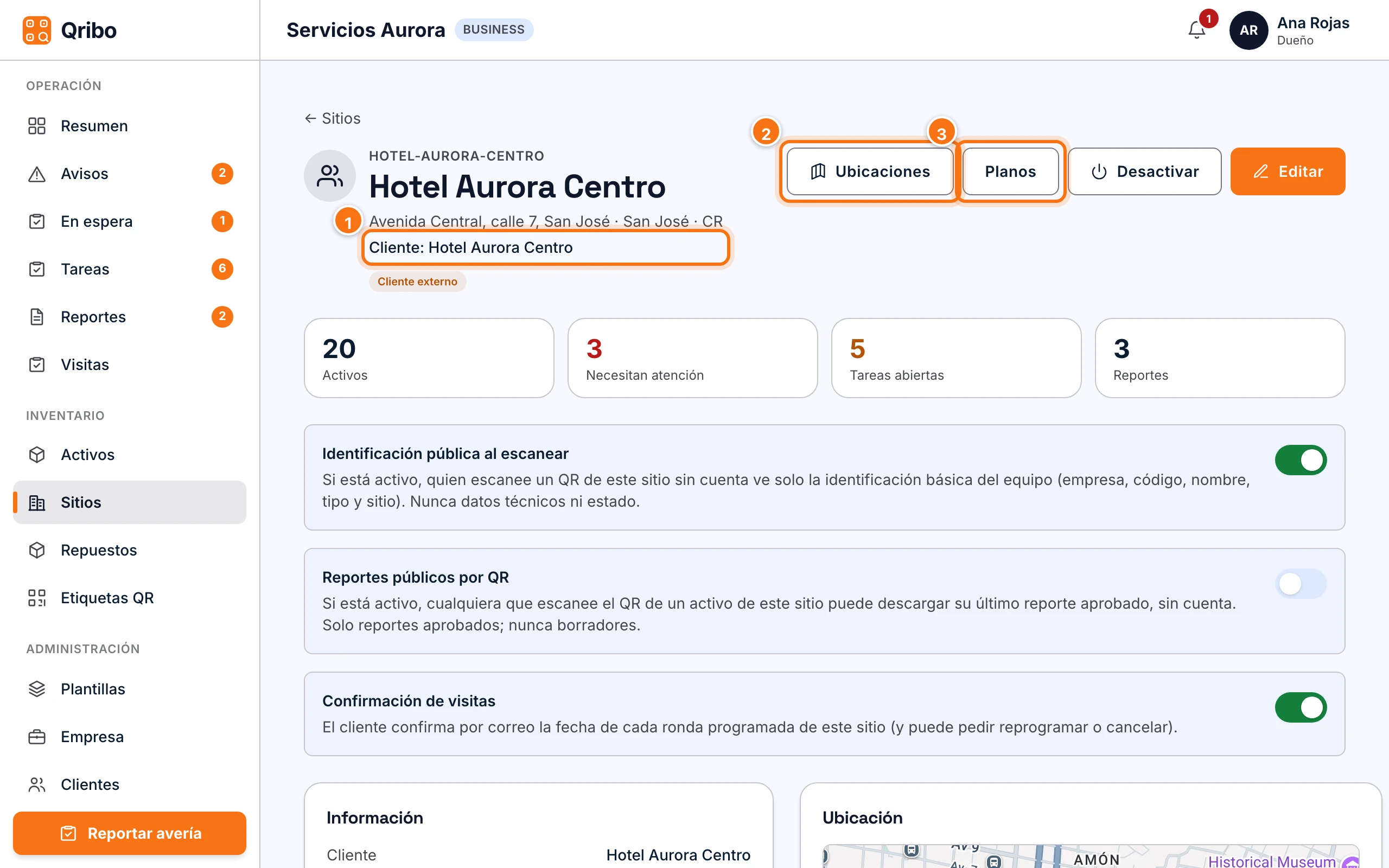 Ficha del sitio Hotel Aurora Centro: cliente, ubicaciones, planos y resumen de activos.