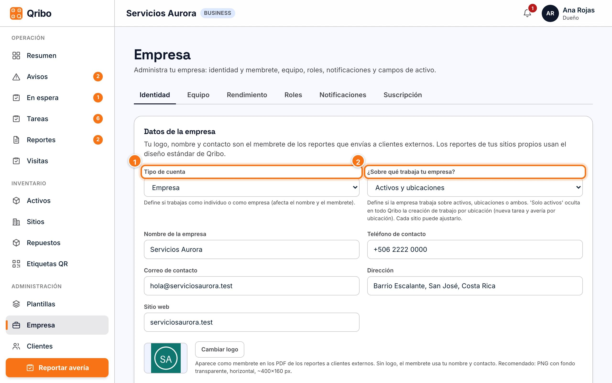 Identidad de la empresa: tipo de cuenta y ámbito de trabajo.