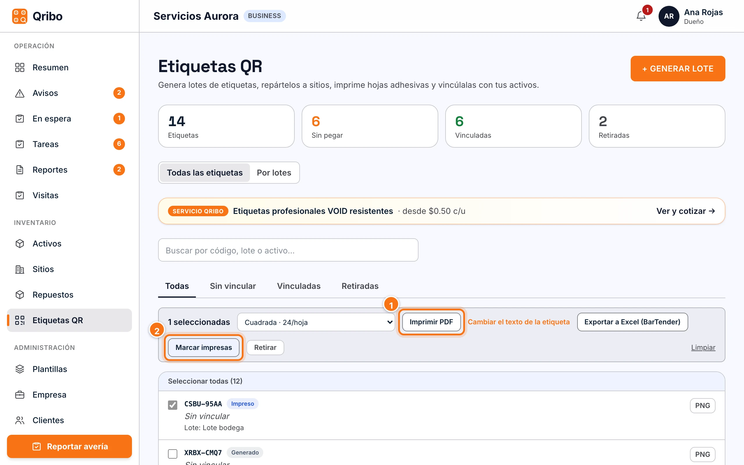 Etiquetas seleccionadas con la barra de acciones: Imprimir PDF y Marcar impresas.