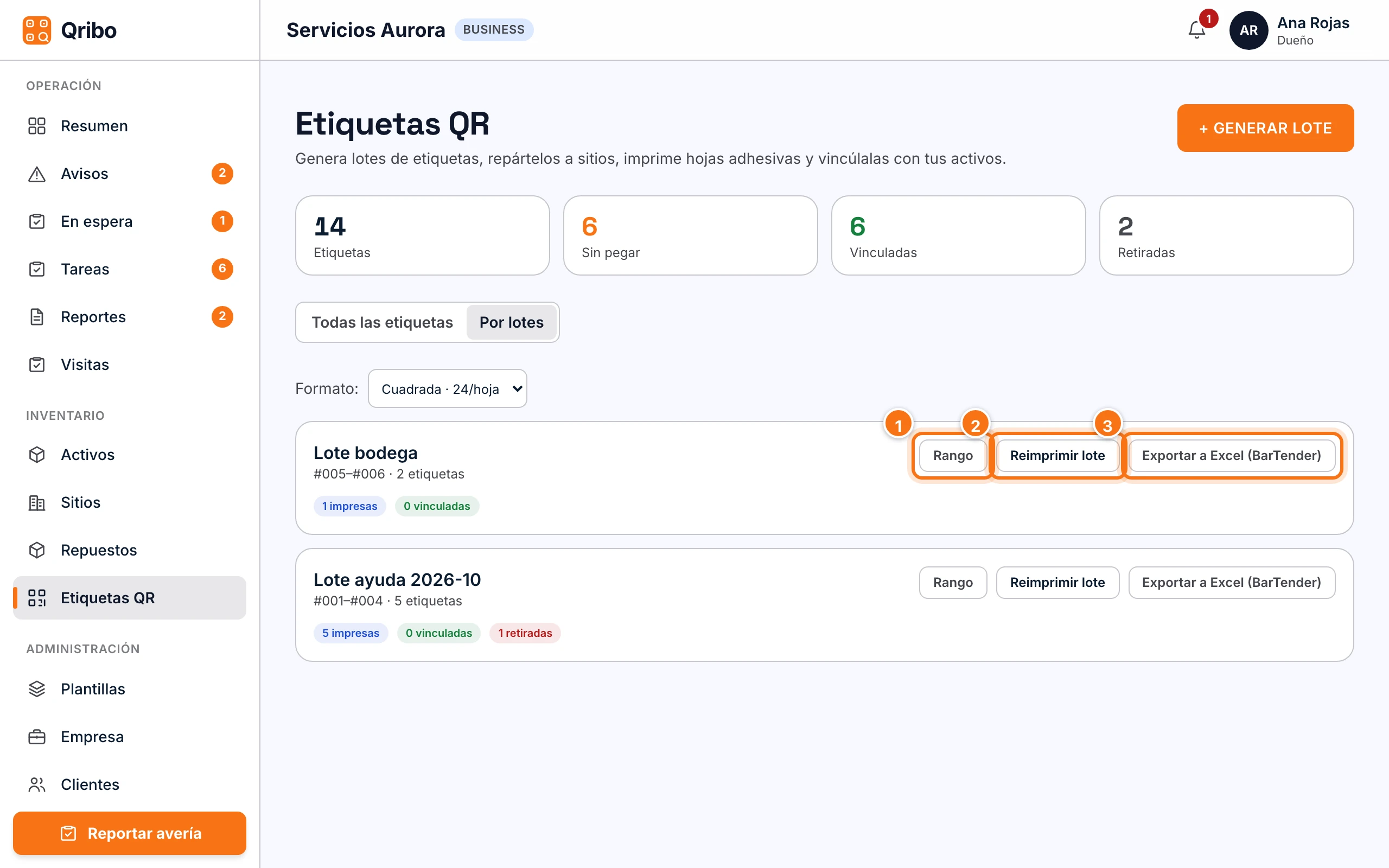 Vista Por lotes con Rango, Reimprimir lote y Exportar a Excel (BarTender).