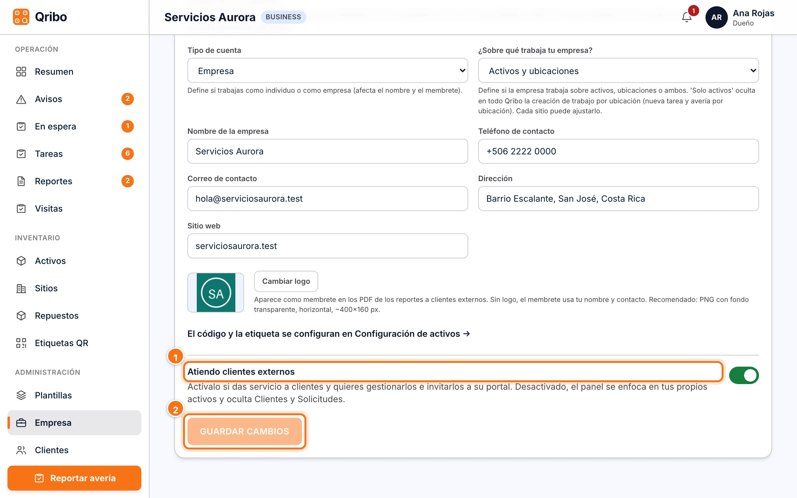 Datos de la empresa: ámbito de trabajo, atención a clientes externos y Guardar cambios.