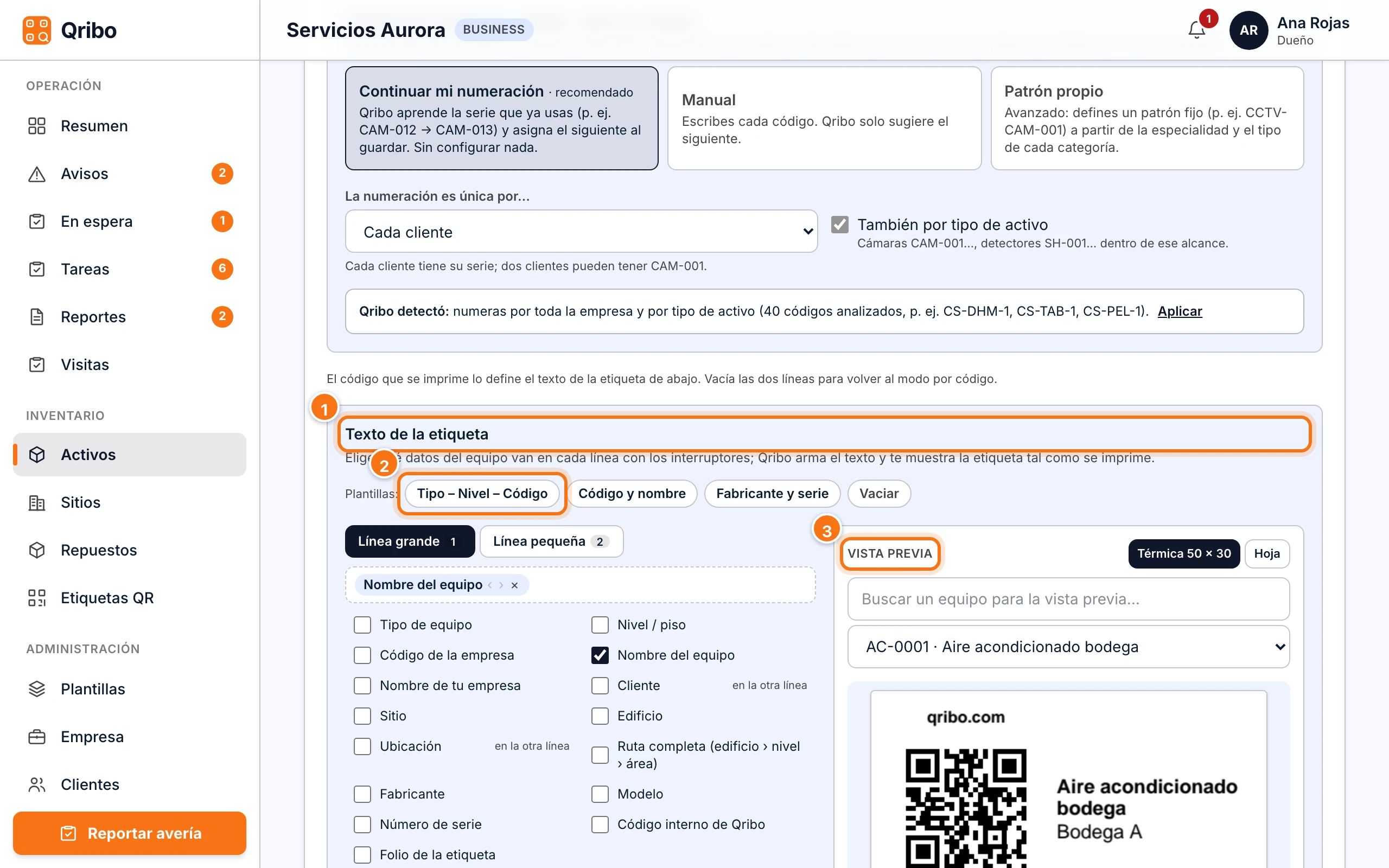 Texto de la etiqueta: plantillas, interruptores por campo y vista previa.