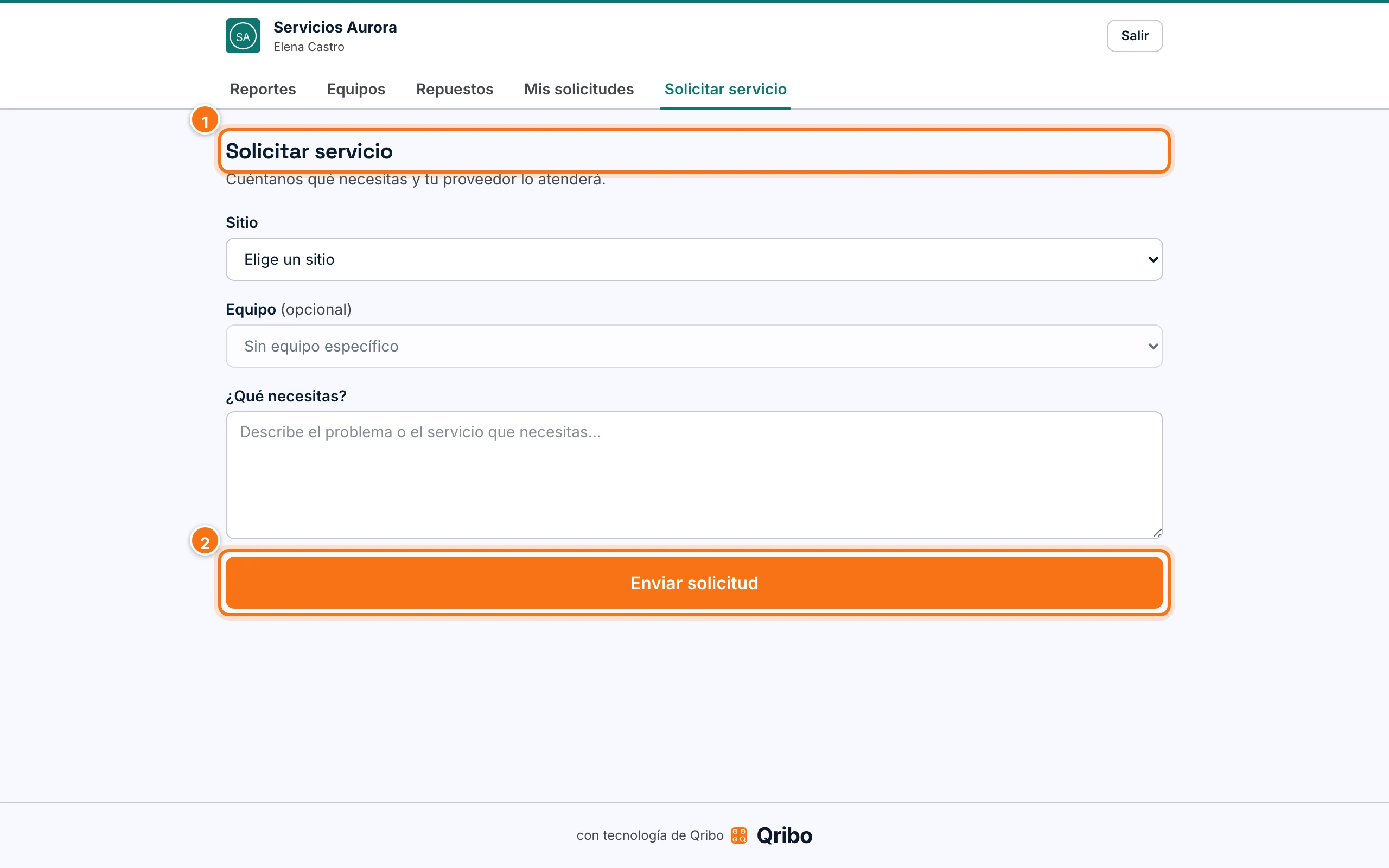 Portal del cliente: formulario Solicitar servicio.
