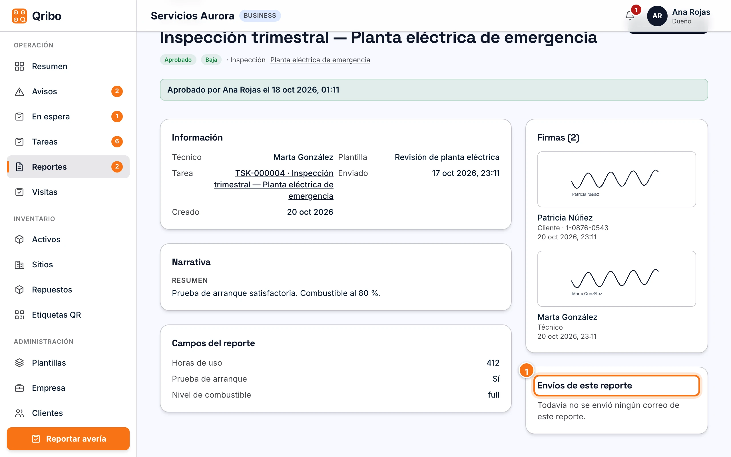 Ficha de un reporte aprobado con firmas y la sección Envíos de este reporte.