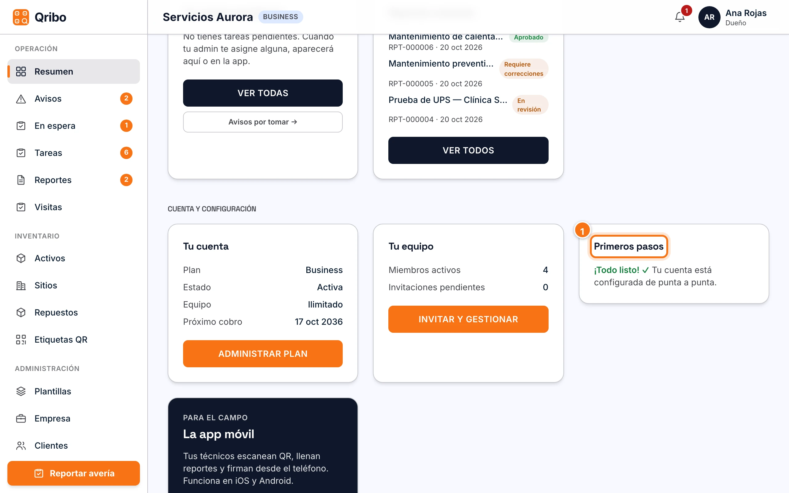 Resumen del dueño con la lista Primeros pasos y la tarjeta de la app móvil.