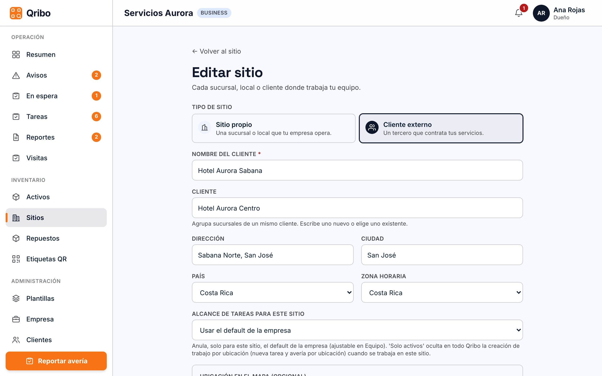 Contacto del sitio que recibe los reportes, con frecuencia e idioma.