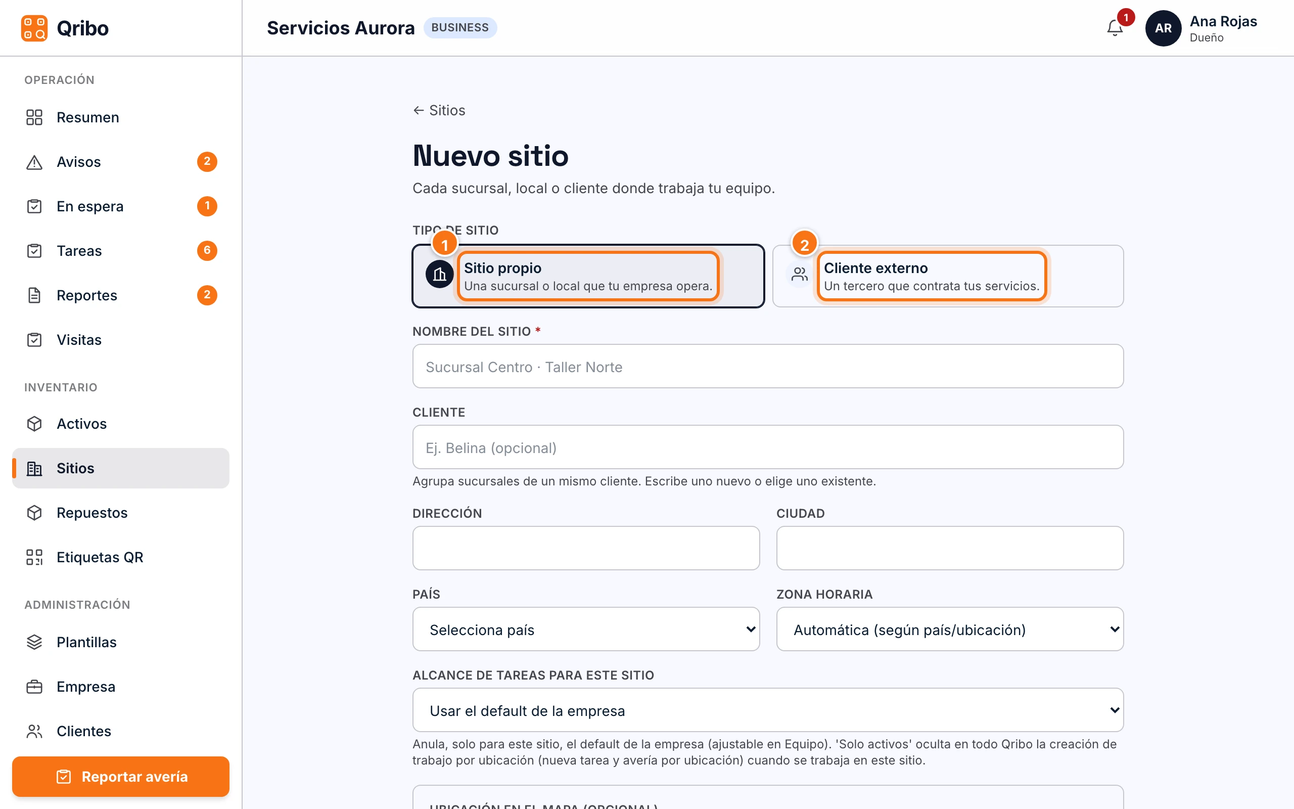 Formulario Nuevo sitio.