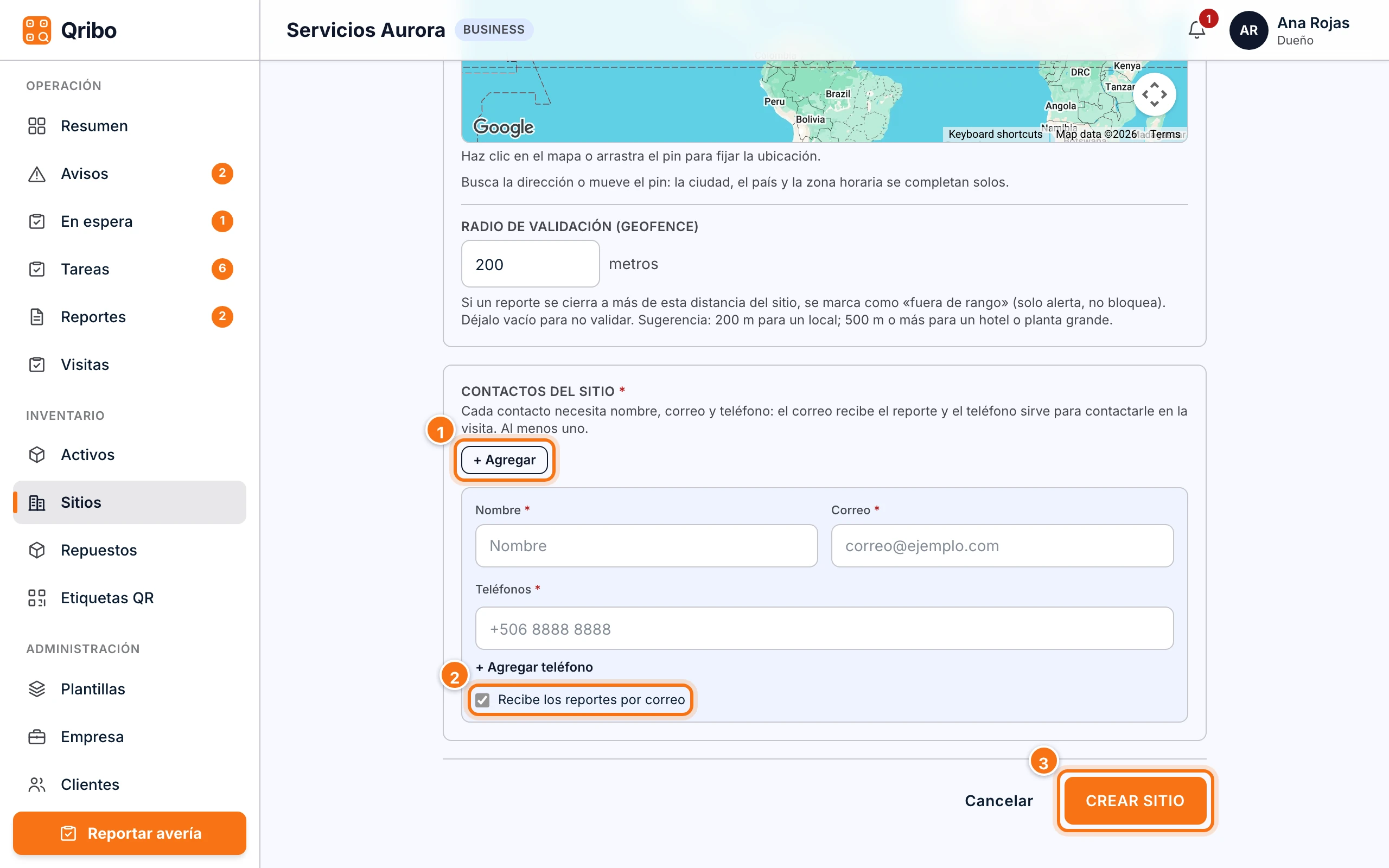 Contactos del sitio en el formulario Nuevo sitio, con la casilla Recibe los reportes por correo y el botón Crear sitio.