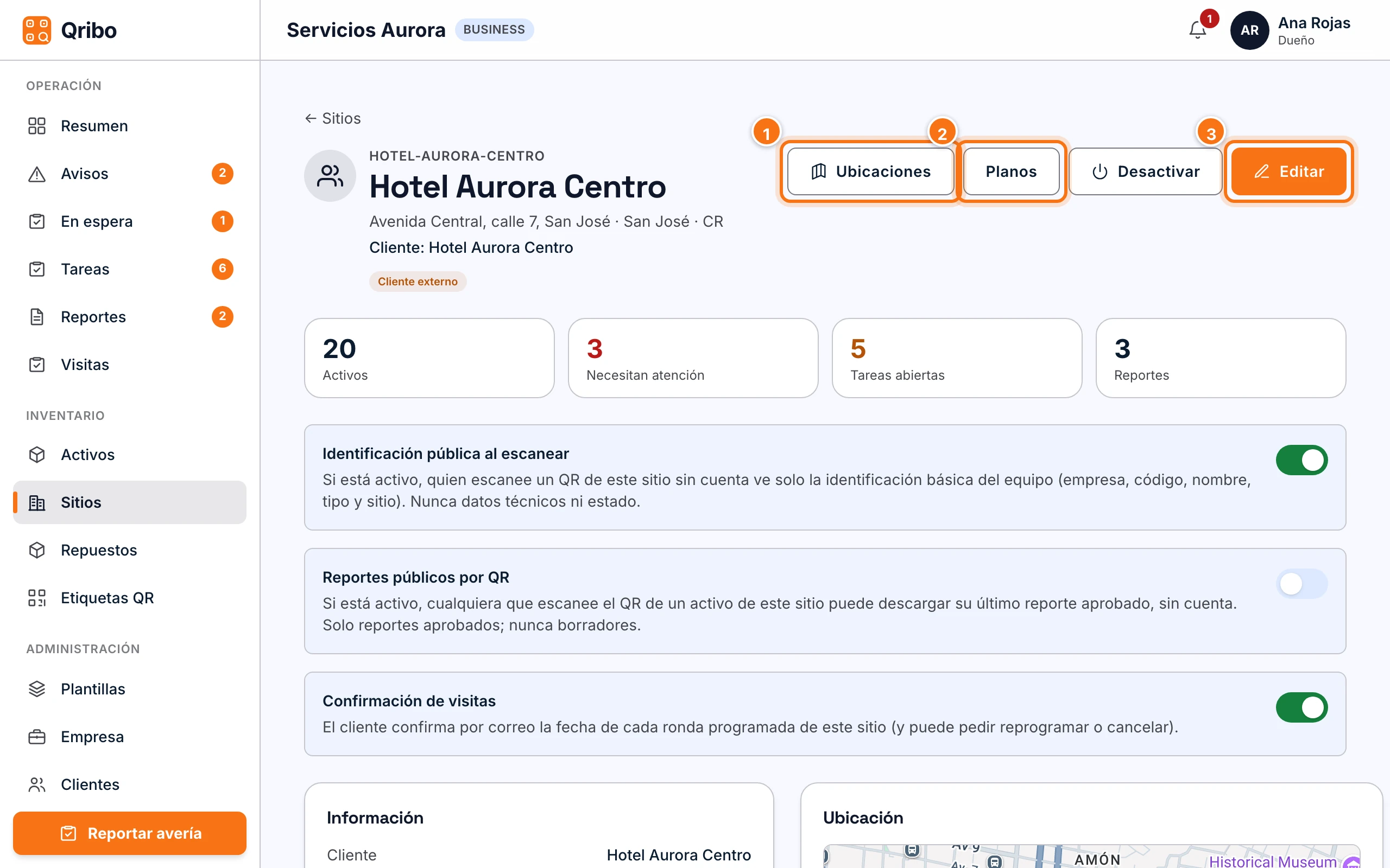 Ficha del sitio recién creado con los botones Ubicaciones y Planos.