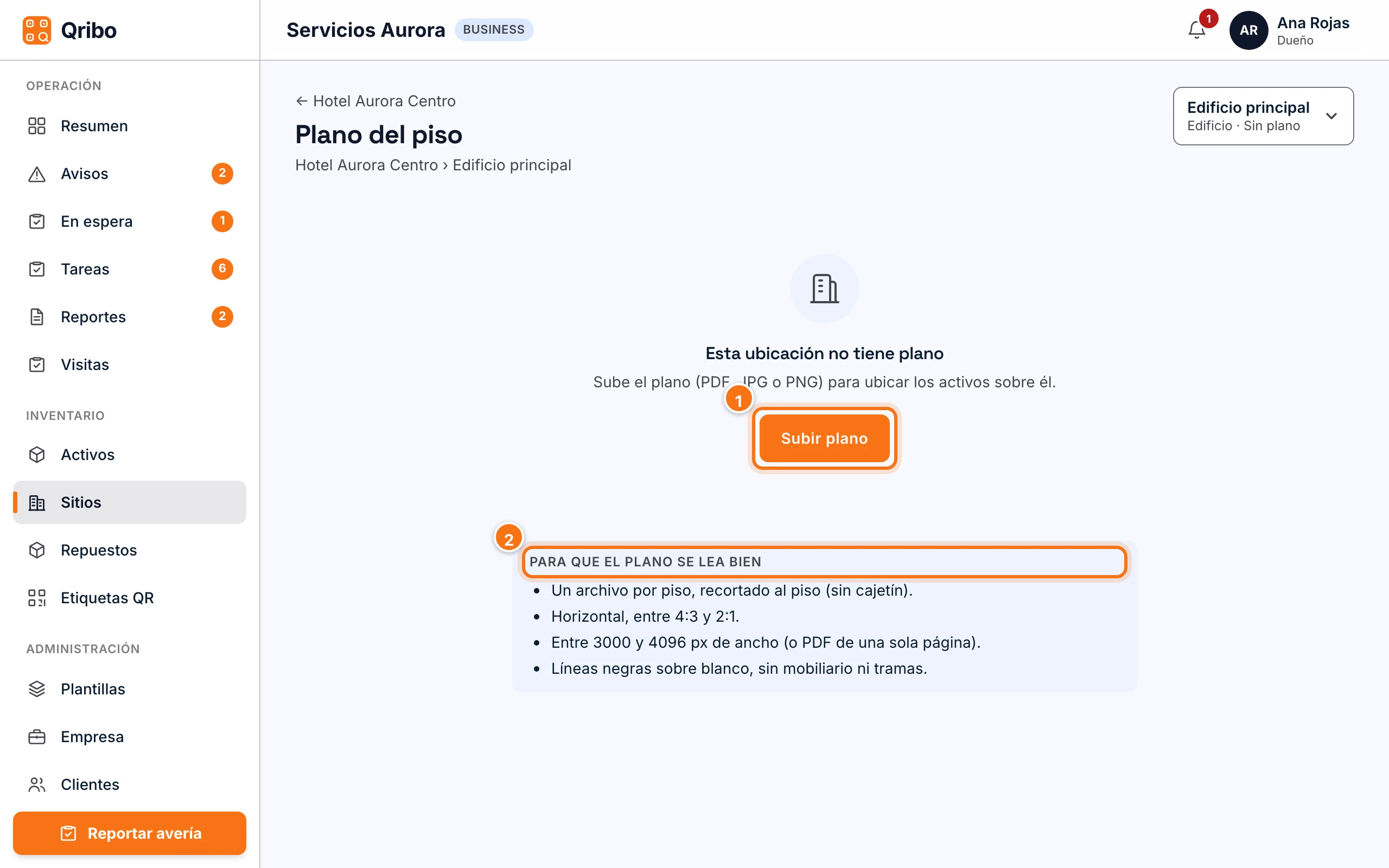 Ubicación sin plano con el botón Subir plano y los consejos de legibilidad.
