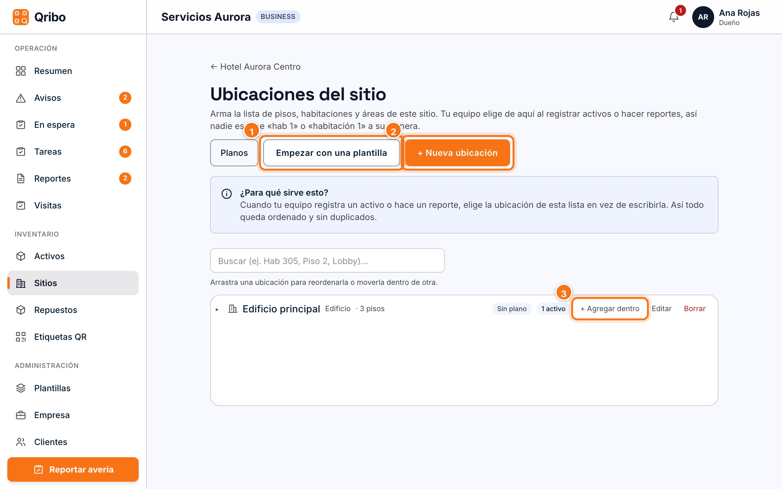 Árbol de ubicaciones del sitio con los botones para empezar con una plantilla o crear una ubicación.