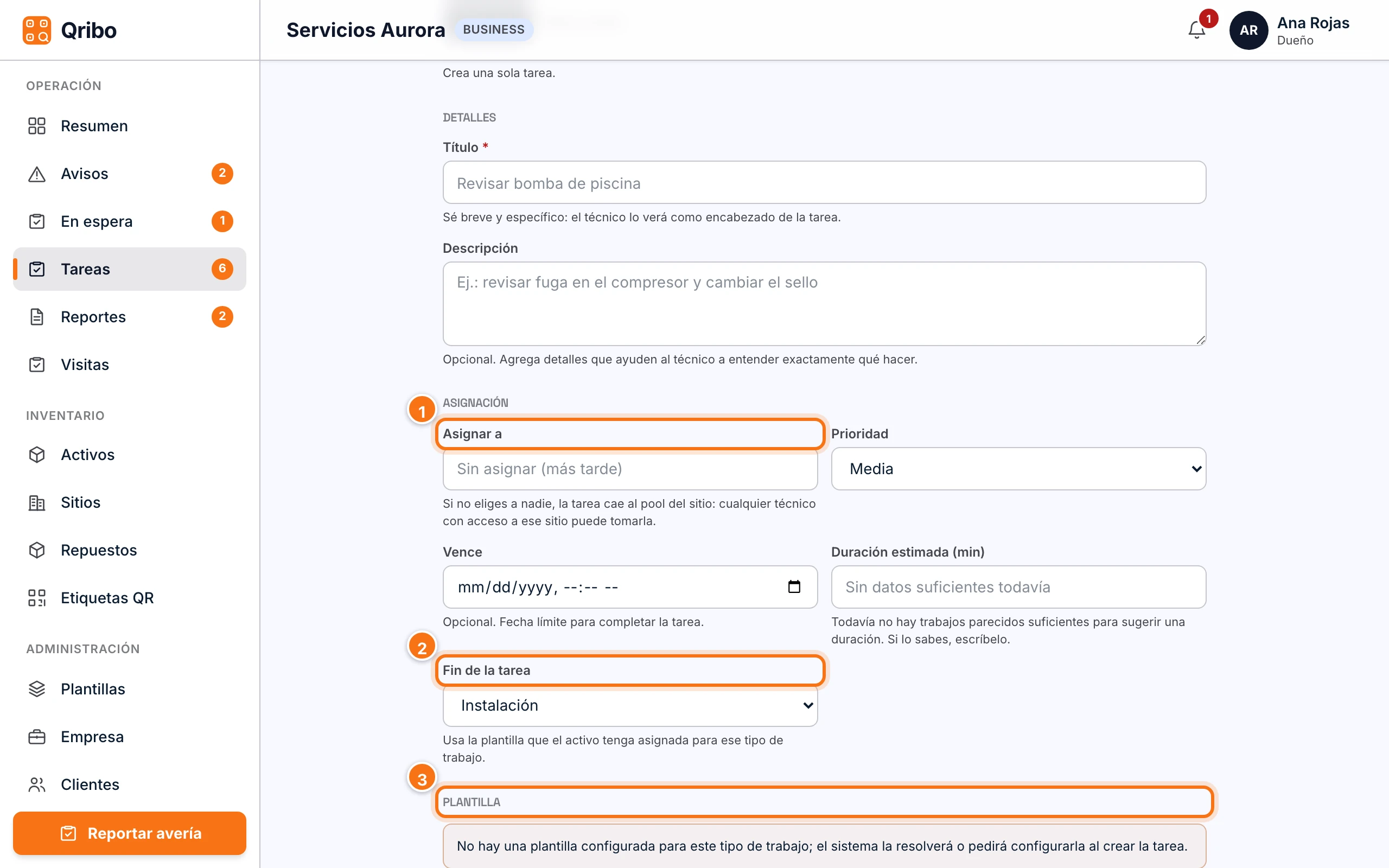 Final del asistente Nueva tarea: Asignar a, Fin de la tarea y la plantilla que se usará.