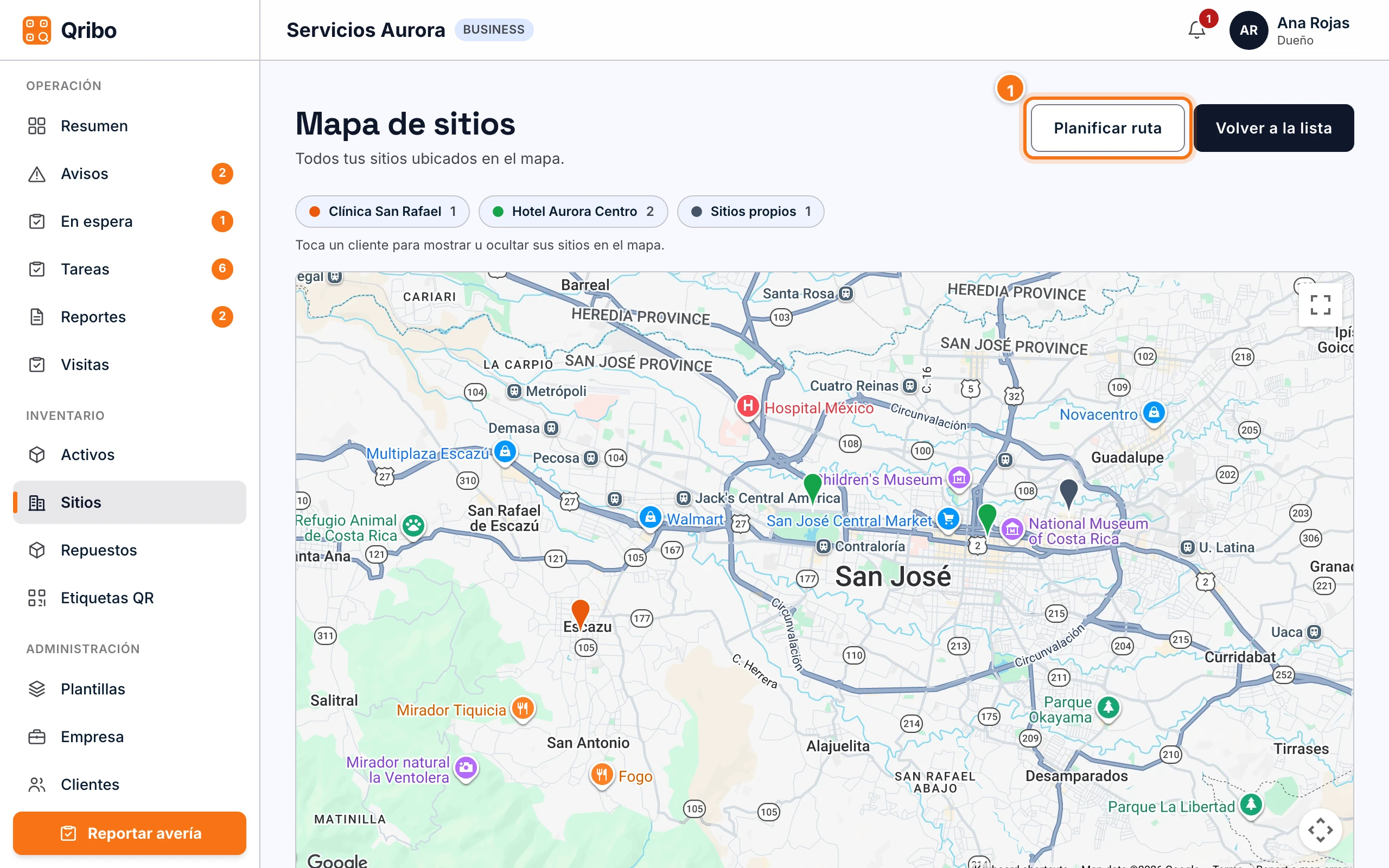 Mapa de sitios con el botón Planificar ruta.